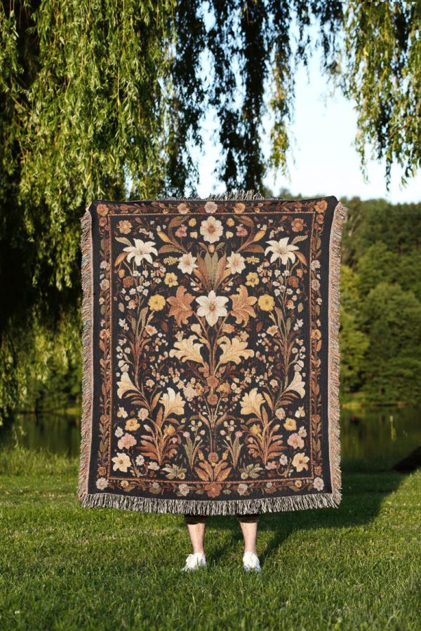 Dark Floral Woven Blanket A Tapestry Throw With Vintage Wildflowers
